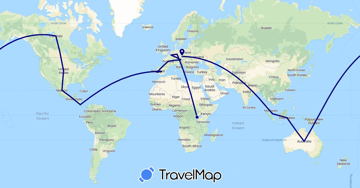 TravelMap itinerary: driving in Canada, Germany, France, Indonesia, Italy, Luxembourg, Mexico, Portugal, Rwanda, Singapore (Africa, Asia, Europe, North America)